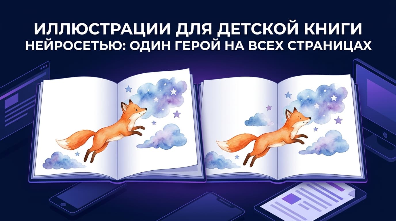 Иллюстрации для детской книги нейросетью: один герой на всех страницах