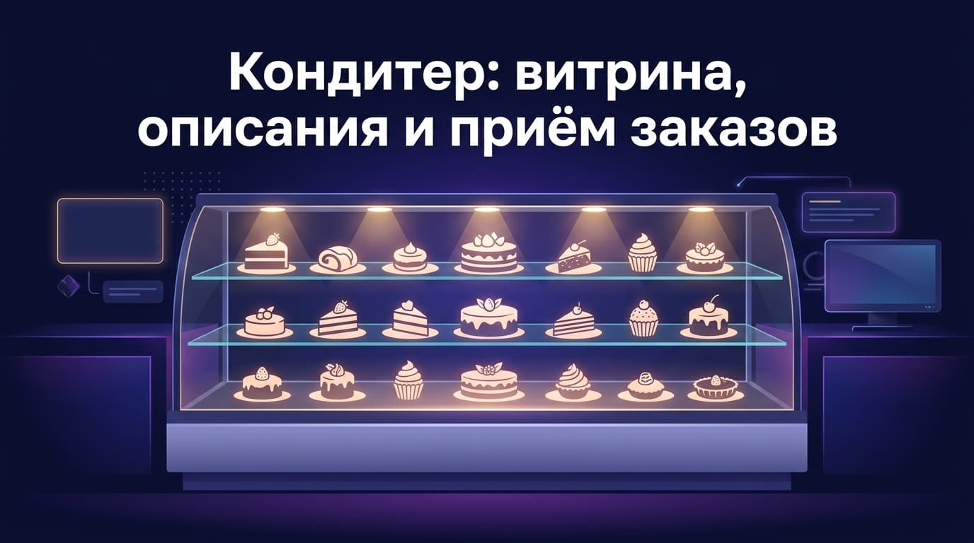 Кондитер: витрина, описания и приём заказов